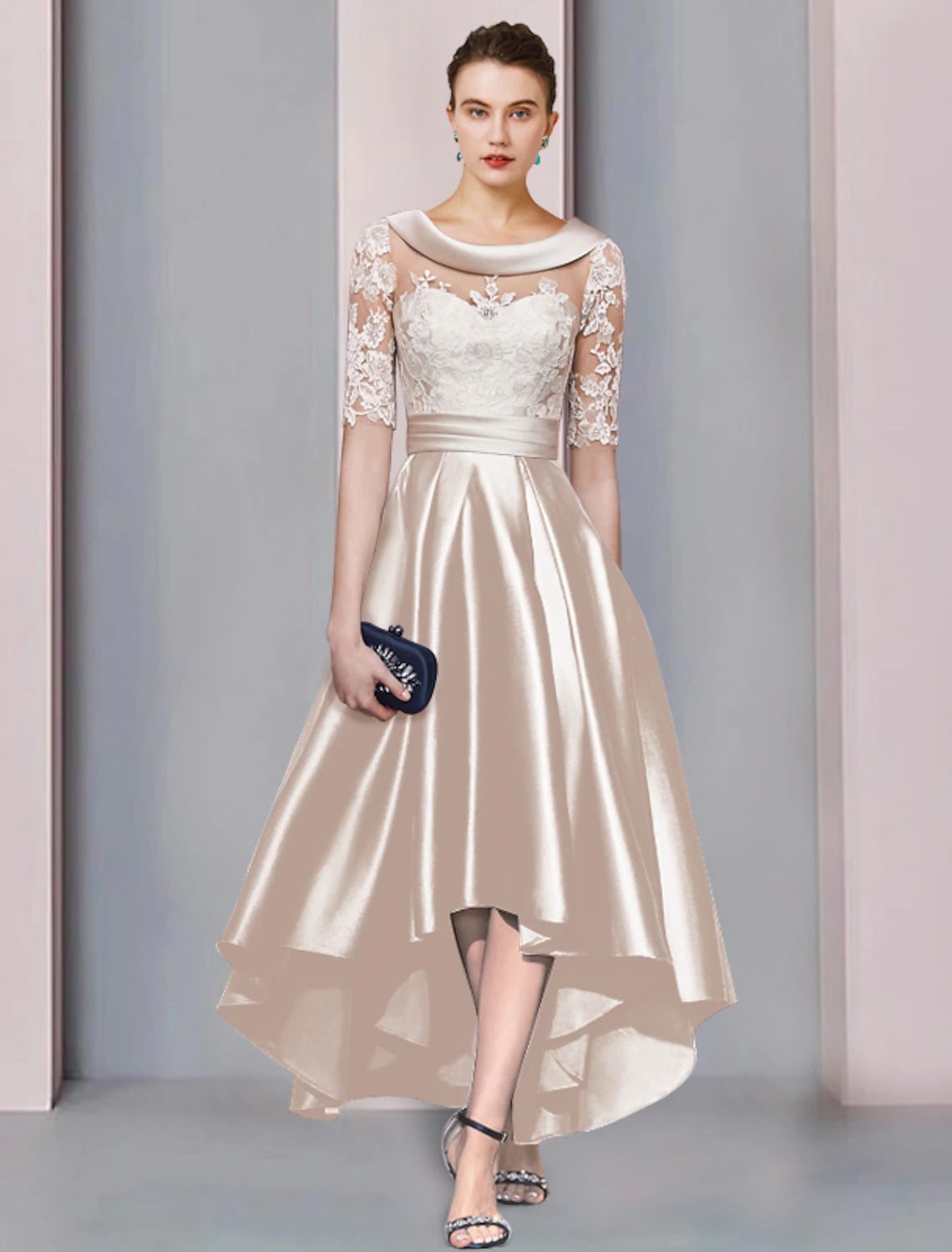 wholesale  A-Line Mother of the Bride Dress Wedding Guest Elegant High Low Scoop Neck Asymmetrical Tea Length Satin Lace Half Sleeve with Appliques