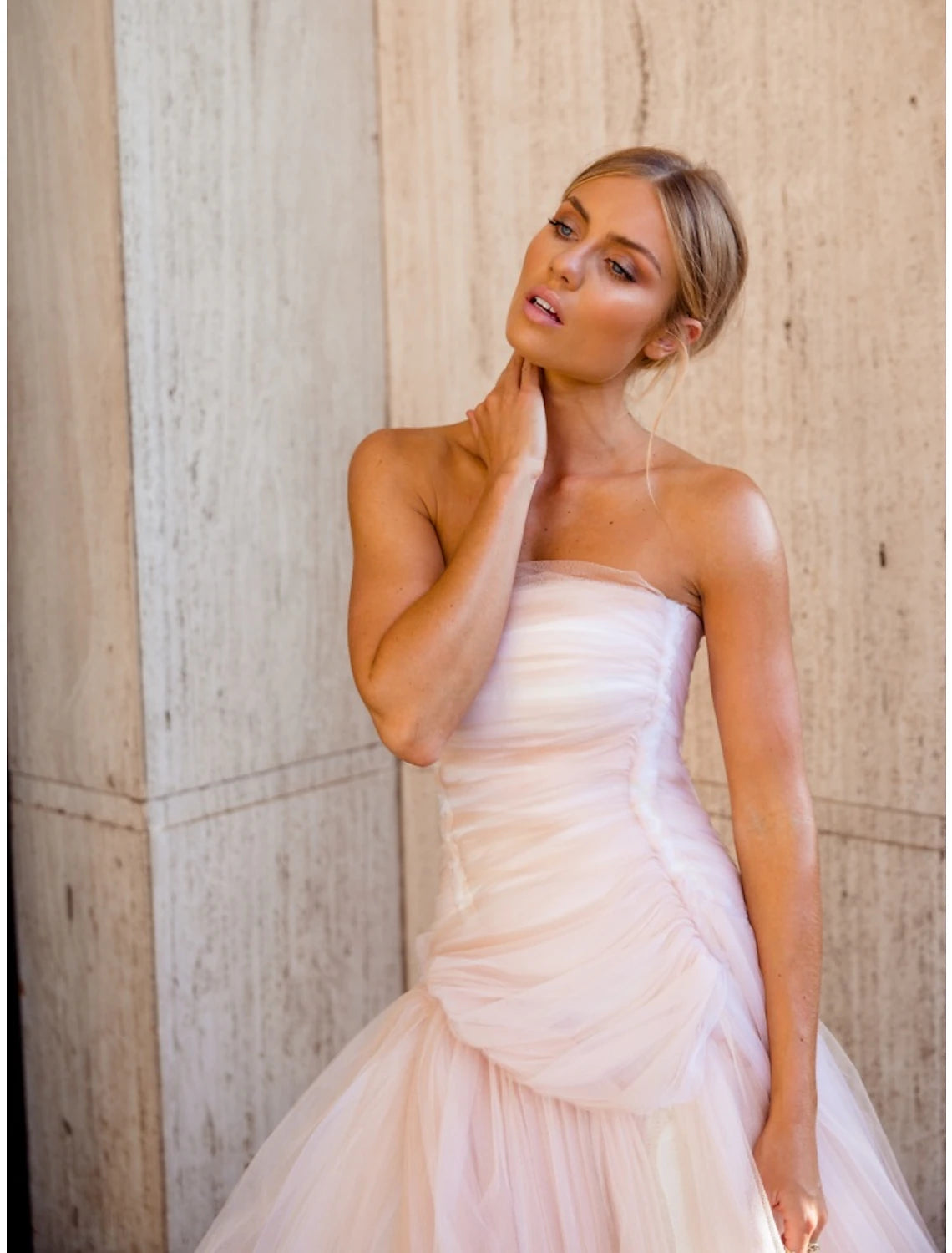 Wholesa  A-Line Evening Gown Elegant Dress Formal Court Train Sleeveless Strapless Tulle with Pleats Ruched