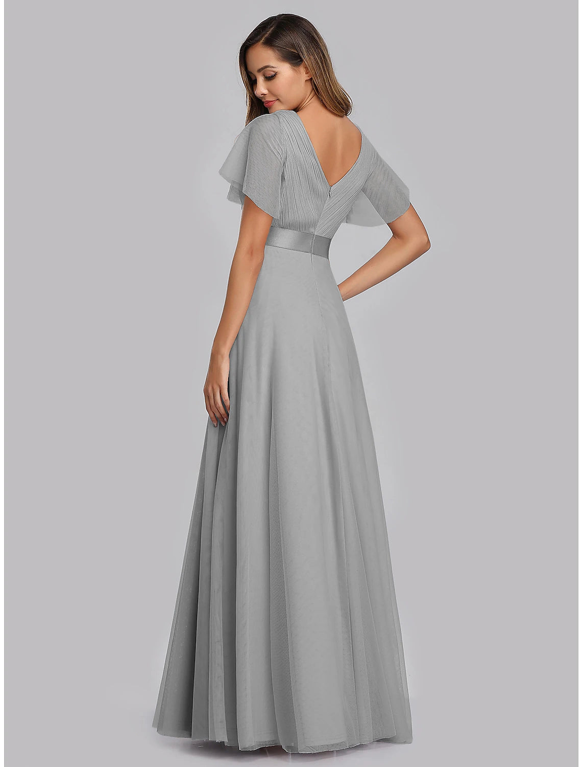 Wholesa A-Line Empire Wedding Guest Prom Dress V Neck V Back Short Sleeve Floor Length Chiffon with Pleats Ruched