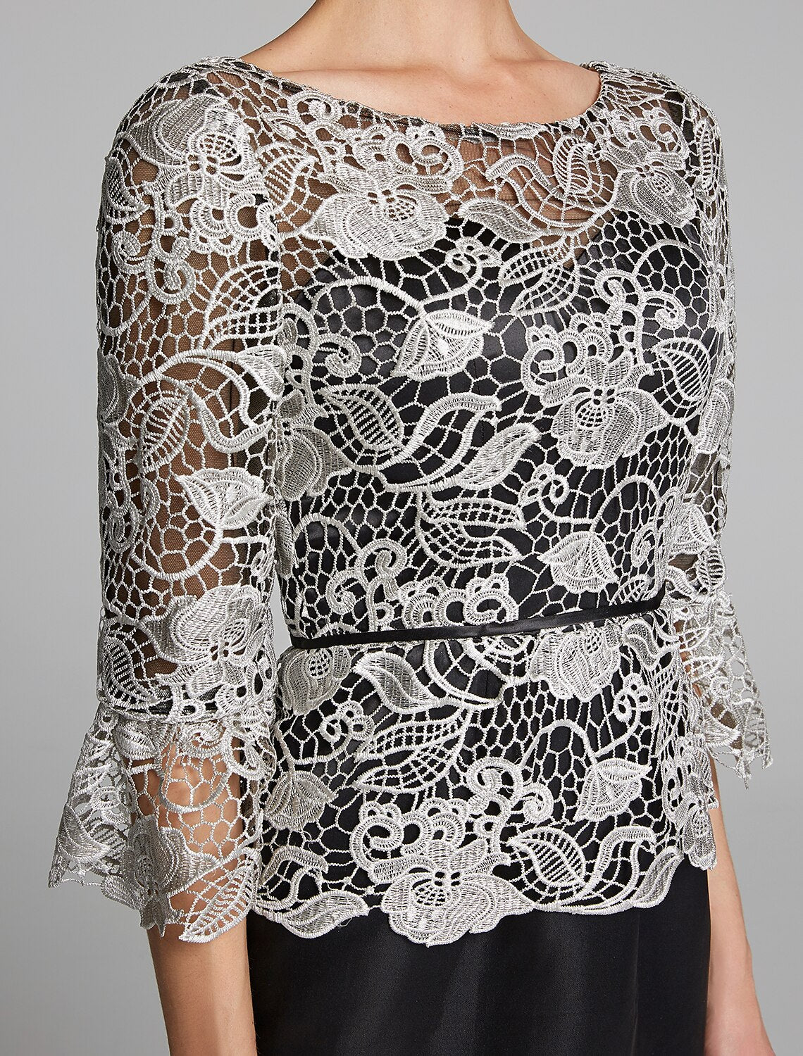 wholesale   Sheath / Column Mother of the Bride Dress Jewel Neck Floor Length Satin Lace 3/4 Length Sleeve with Lace