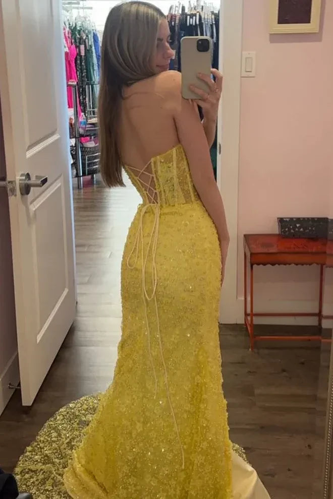 Radiant Strapless Lace-Up Corset Beaded Yellow Mermaid Prom Dress