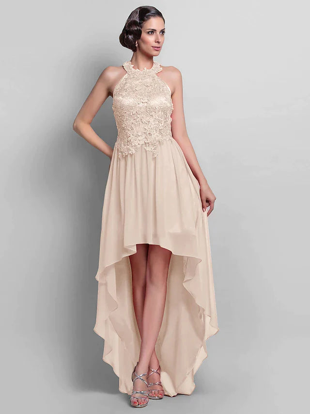 Wholesa Sheath / Column Elegant Dress Wedding Guest Asymmetrical Sleeveless Halter Chiffon Backless with Appliques