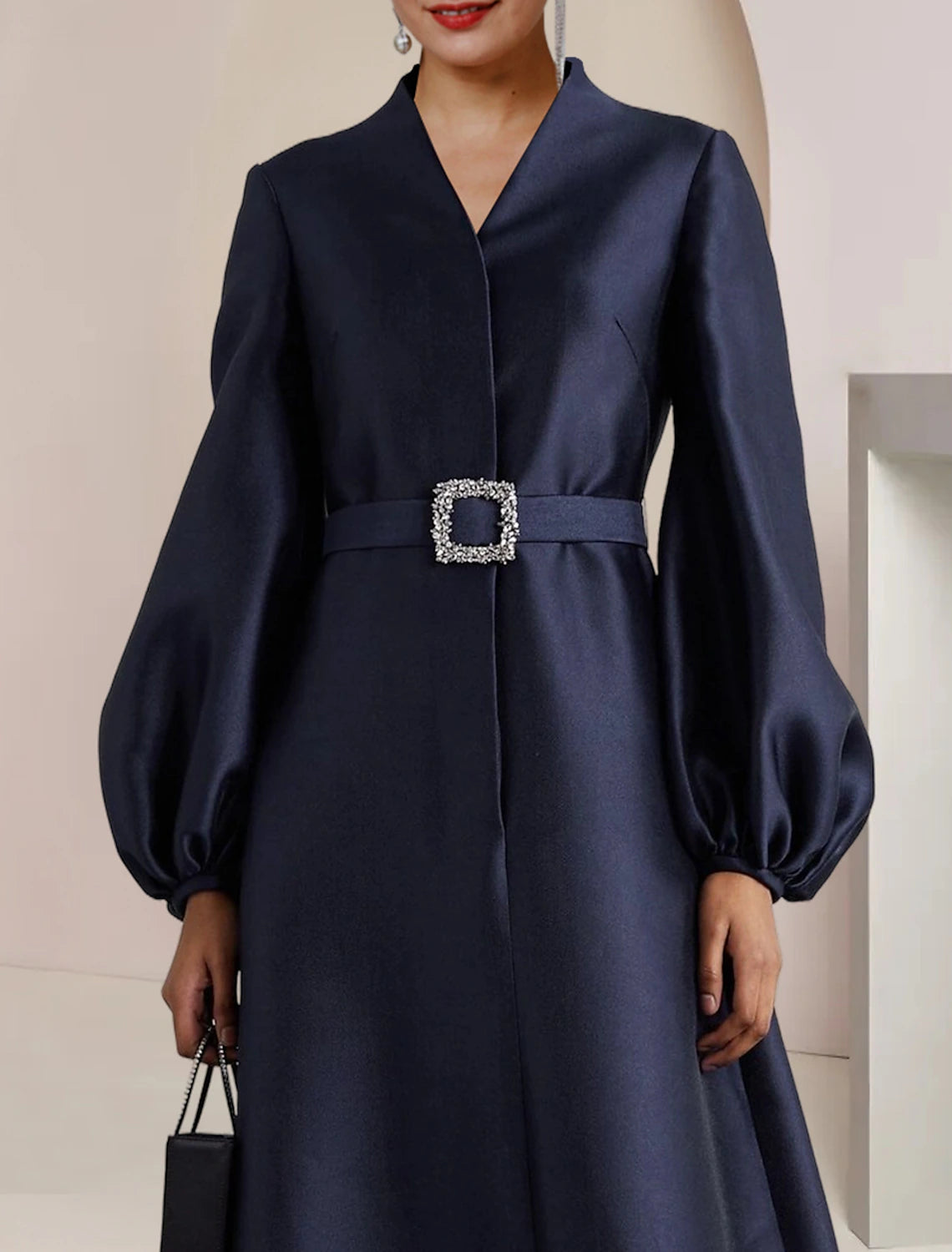 wholesale  A-Line Mother of the Bride Dress Wedding Guest Party Elegant V Neck Floor Length Satin Long Sleeve with Pearls Crystal Brooch