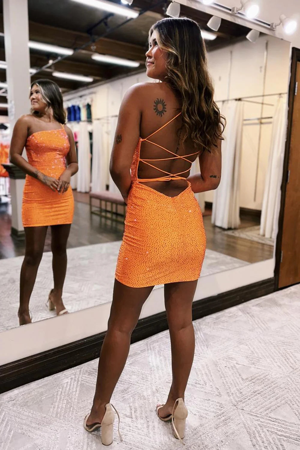 Wholesa Sparkly Beaded Bodycon One Shoulder Short Party Dress Homecoming Dresses