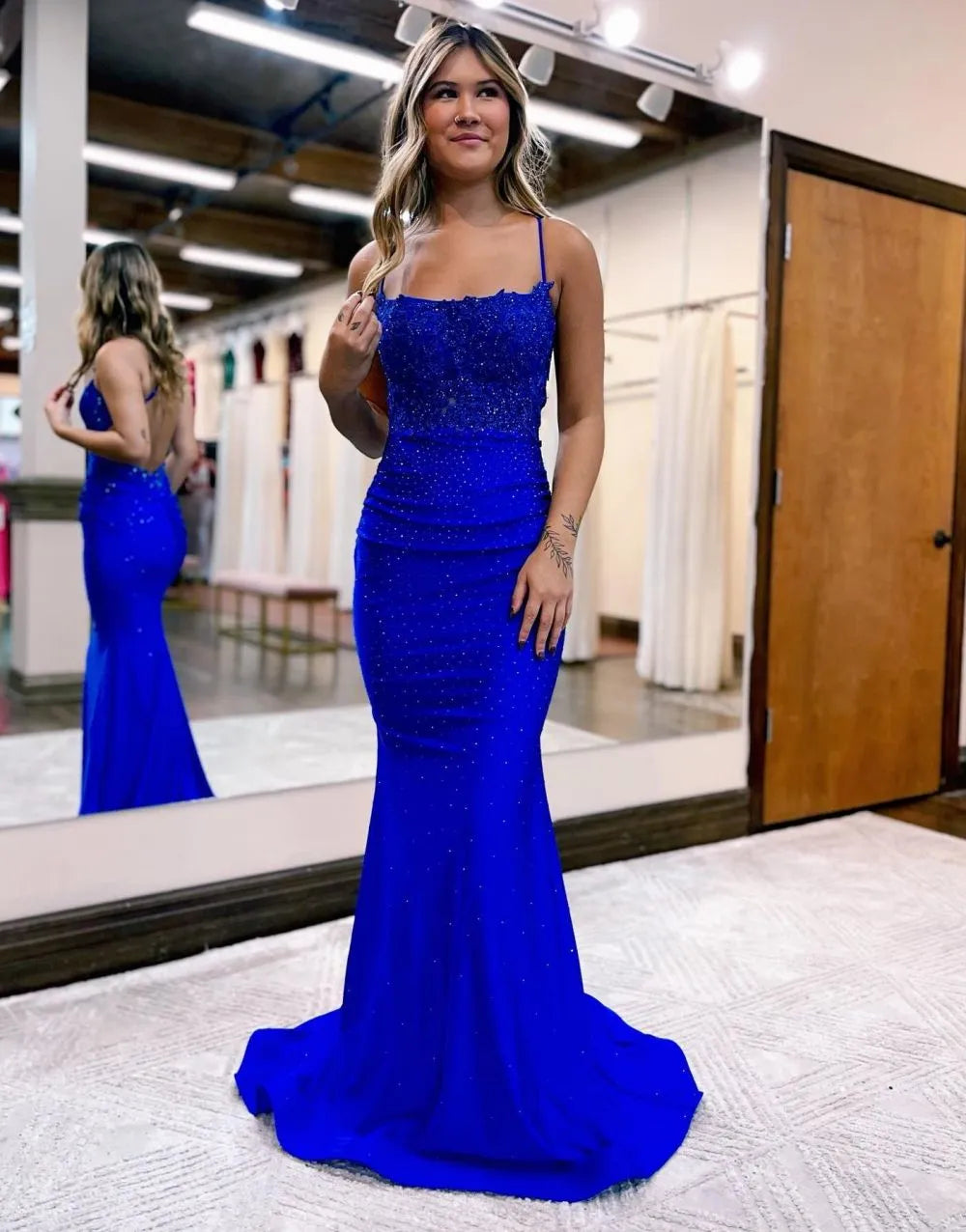 Wholesa Mermaid Satin Spaghetti Straps Prom Dress