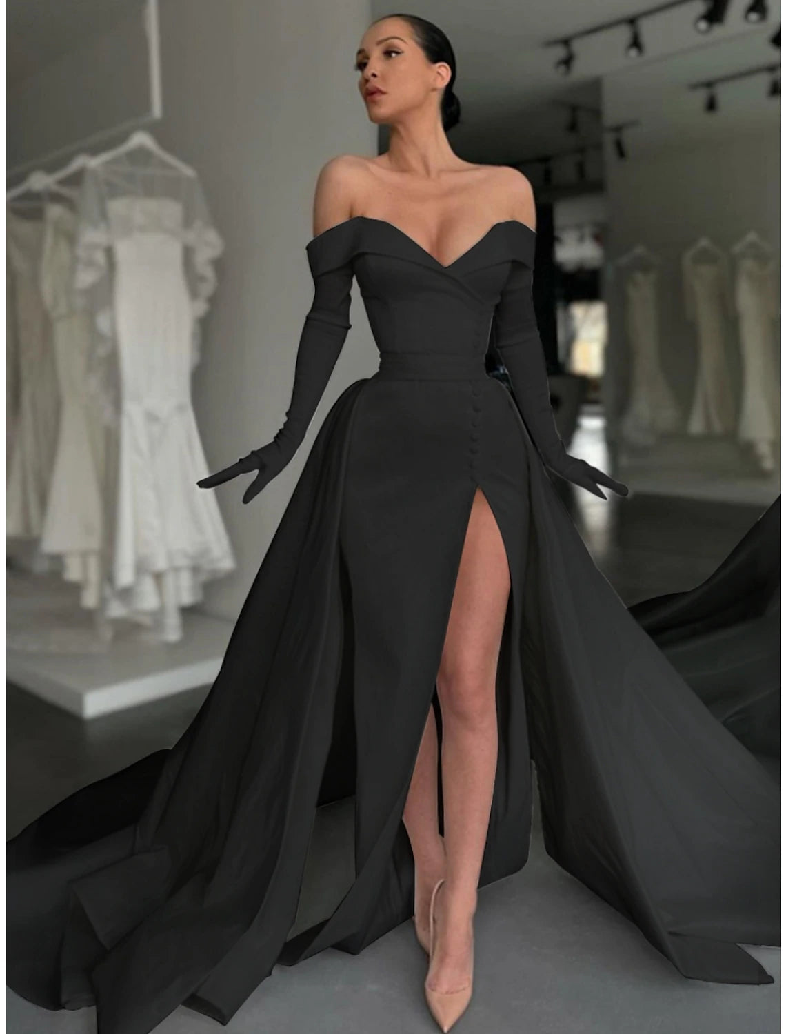 Wholesa A-Line Evening Gown Elegant Dress Formal Court Train Long Sleeve Off Shoulder Satin with Buttons Pleats Slit