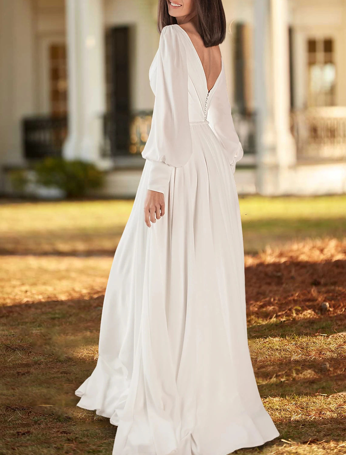Wholesa Simple Wedding Dresses A-Line V Neck Long Sleeve Sweep / Brush Train Chiffon Bridal Gowns With Pleats