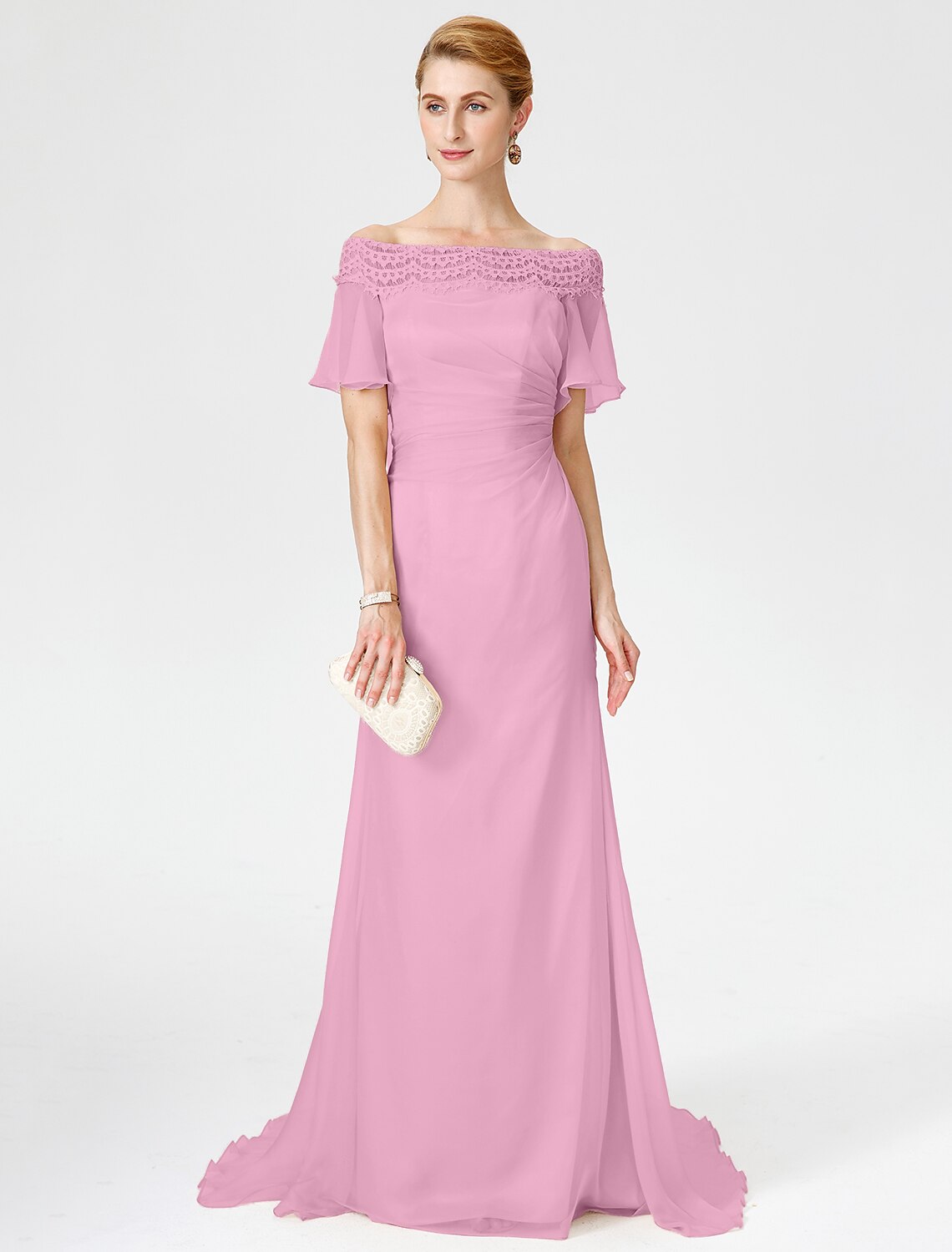 wholesale  Sheath / Column Mother of the Bride Dress Elegant Off Shoulder Sweep / Brush Train Chiffon Lace Short Sleeve with Pleats