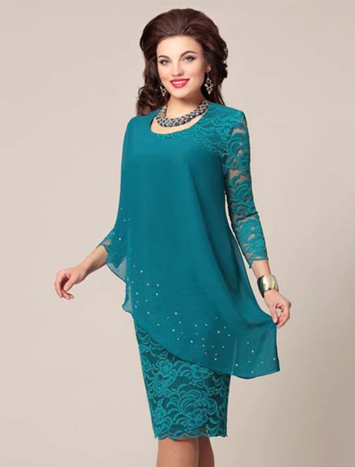 wholesale   Sheath / Column Mother of the Bride Dress Simple Elegant Jewel Neck Knee Length Chiffon 3/4 Length Sleeve with Lace Solid Color