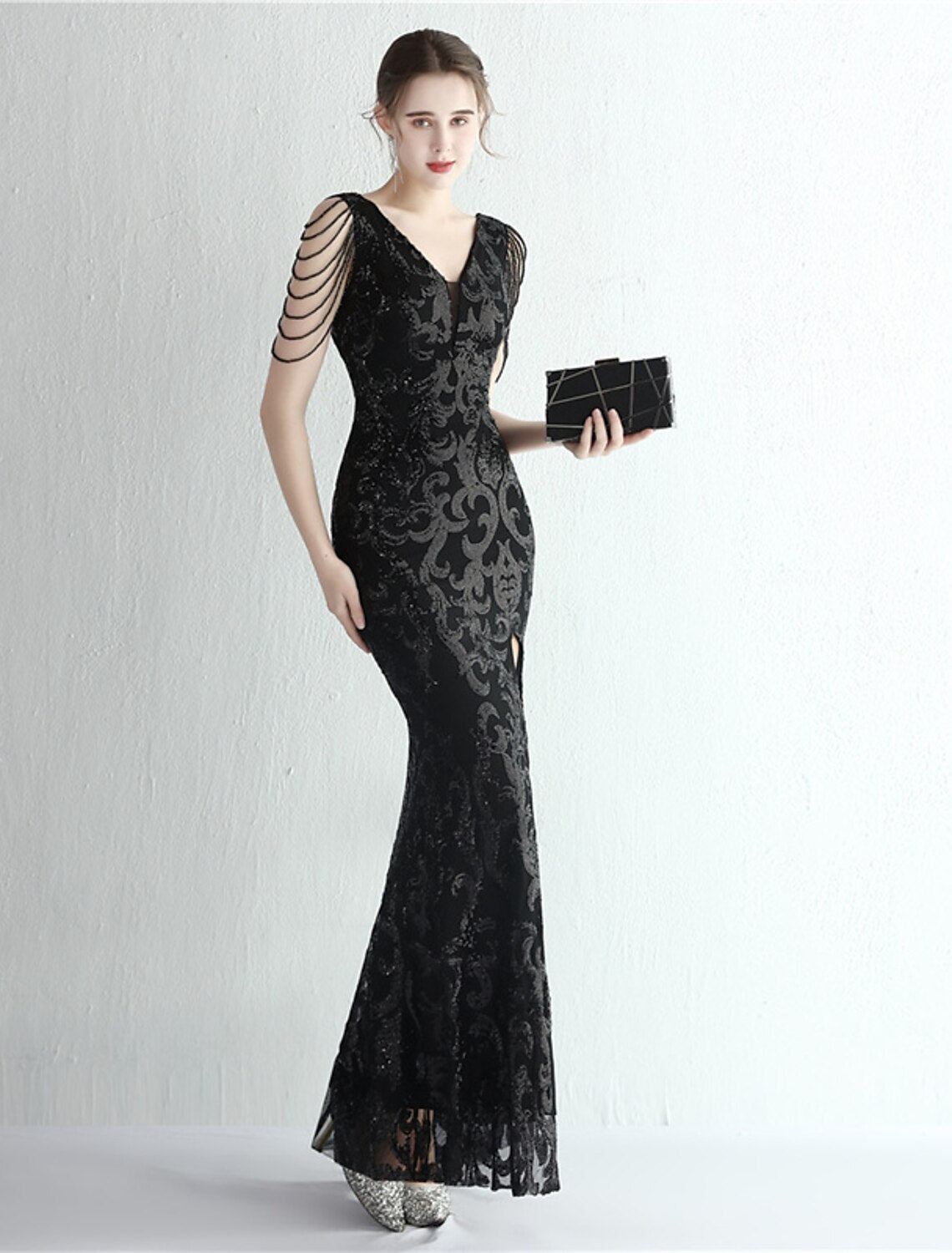 Wholesa Mermaid / Trumpet Evening Gown Sparkle & Shine Dress Formal Wedding Guest Floor Length Short Sleeve V Neck Sequined with Sequin Slit