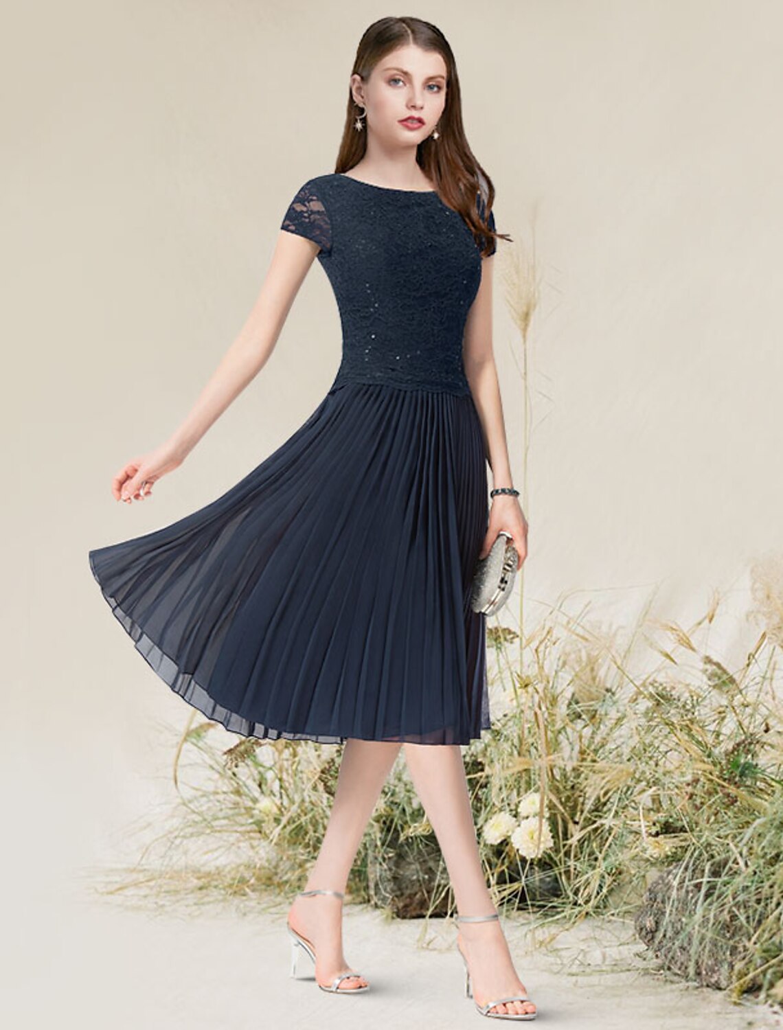 Wholesa  A-Line Cocktail Dresses Flirty Dress Homecoming Wedding Guest Tea Length Short Sleeve Jewel Neck Chiffon with Pleats