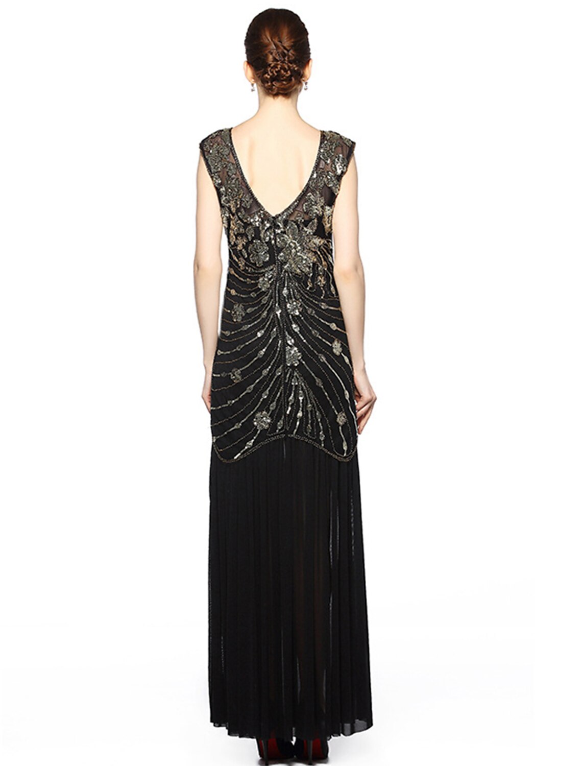 Wholesa A-Line Evening Gown Vintage Dress Holiday Party Wear Floor Length Sleeveless Jewel Neck Spandex V Back with Sequin Embroidery