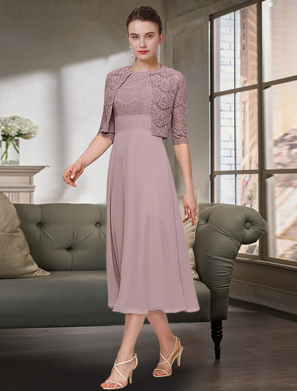 wholesale  Two Piece Mother of the Bride Dress Wedding Guest Elegant Jewel Neck Tea Length Chiffon Lace Half Sleeve with Solid Color