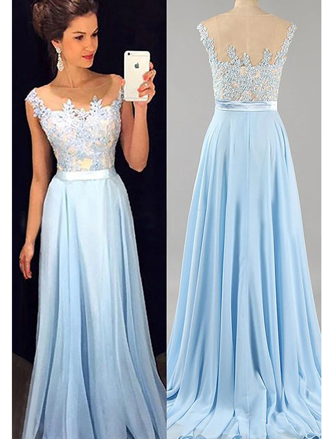 wholesale  A-Line Prom Dresses Color Block Dress Formal Prom Floor Length Sleeveless Jewel Neck Chiffon with Beading Appliques