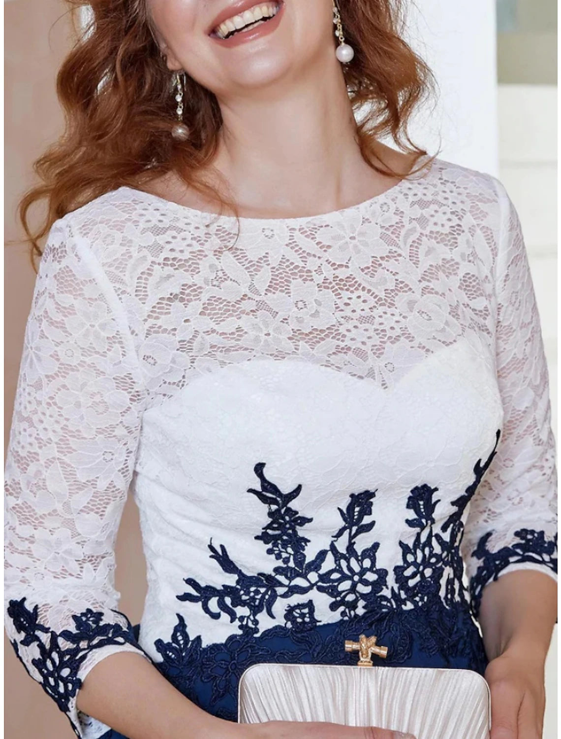 Wholesa A-Line Mother of the Bride Dress Wedding Guest Elegant Scoop Neck Ankle Length Chiffon 3/4 Length Sleeve with Lace Ruching