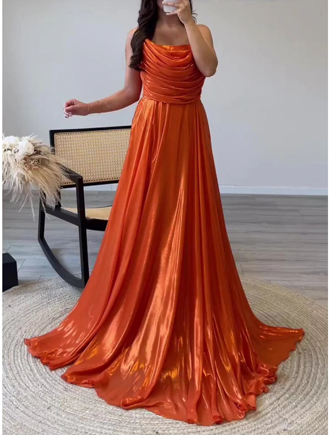 Wholesa A-Line Evening Gown Elegant Dress Formal Sweep / Brush Train Sleeveless Spaghetti Strap Satin with Pleats Ruched