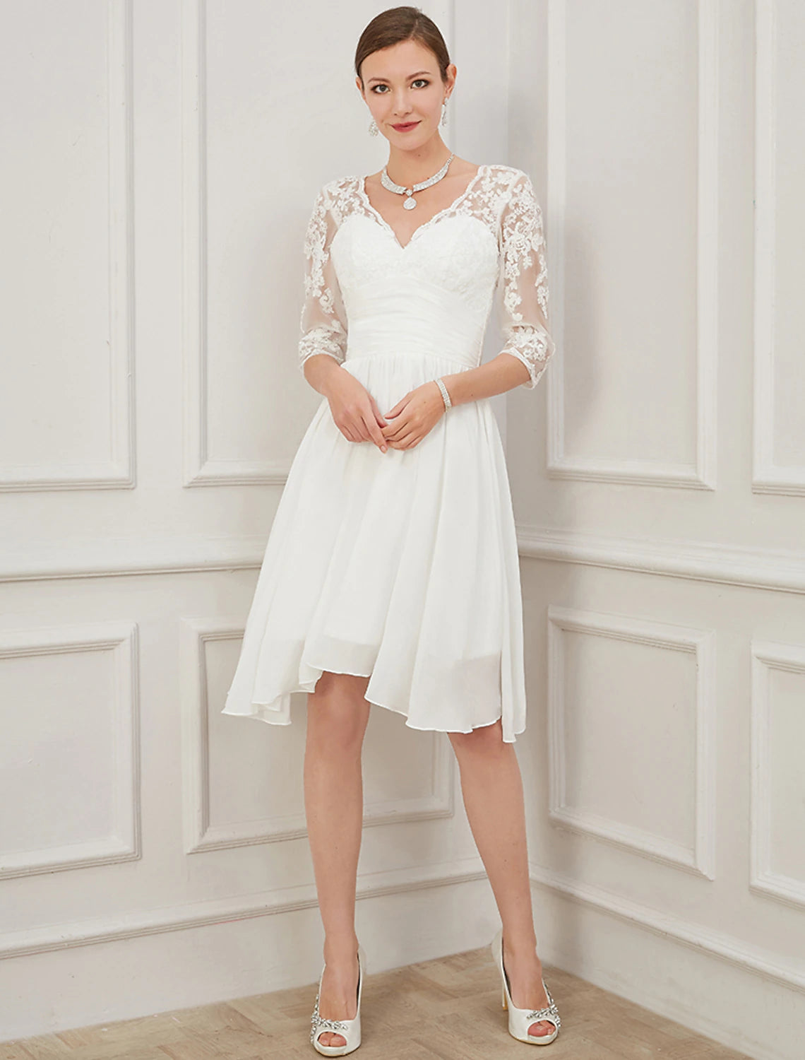 wholesale  Reception Little White Dresses Fall Wedding Dresses A-Line V Neck Half Sleeve Knee Length Chiffon Bridal Gowns With Draping Appliques