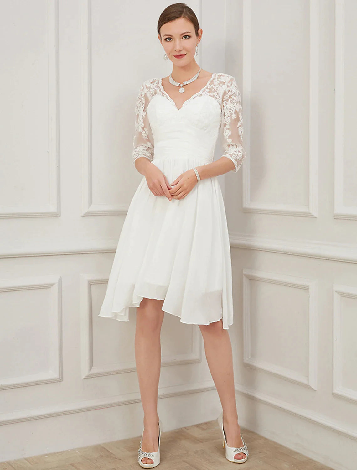 Wholesa Bridal Shower Little White Dresses Wedding Dresses Knee Length A-Line Half Sleeve V Neck Chiffon With Draping Appliques