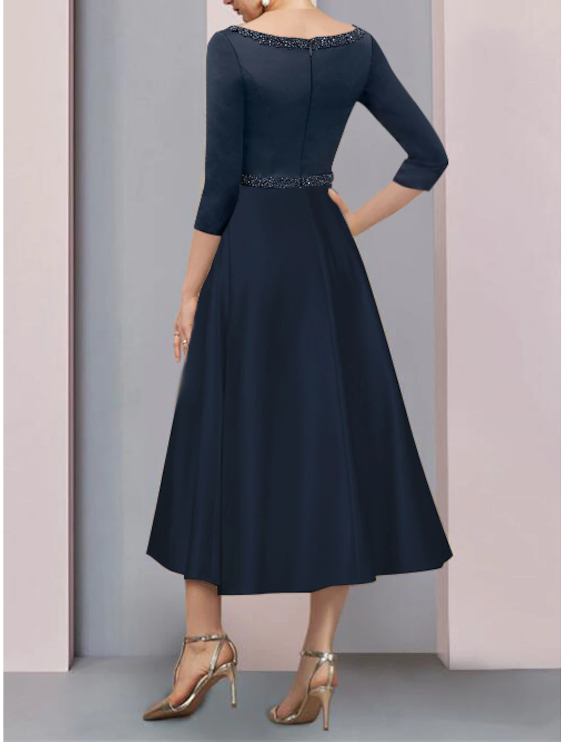 wholesale  A-Line Mother of the Bride Dress Wedding Guest Vintage Elegant V Neck Tea Length Satin Short Sleeve with Pleats Beading