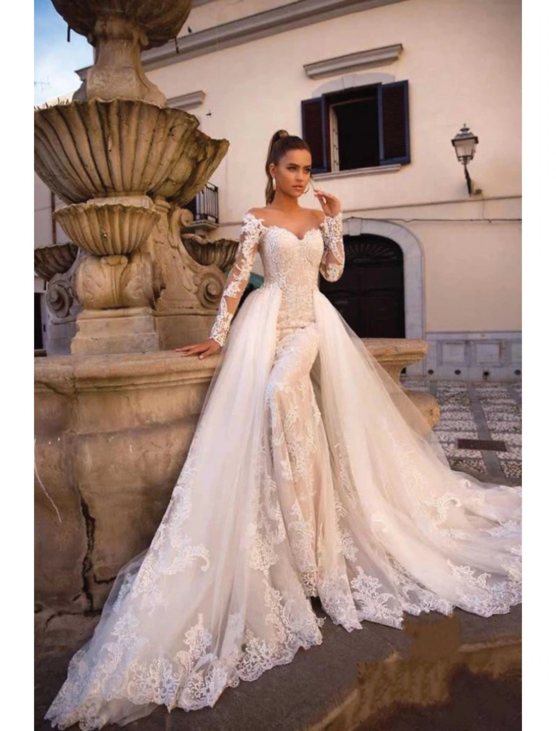 wholesale  Engagement Formal Wedding Dresses Two Piece Sweetheart Long Sleeve Court Train Lace Bridal Gowns With Appliques