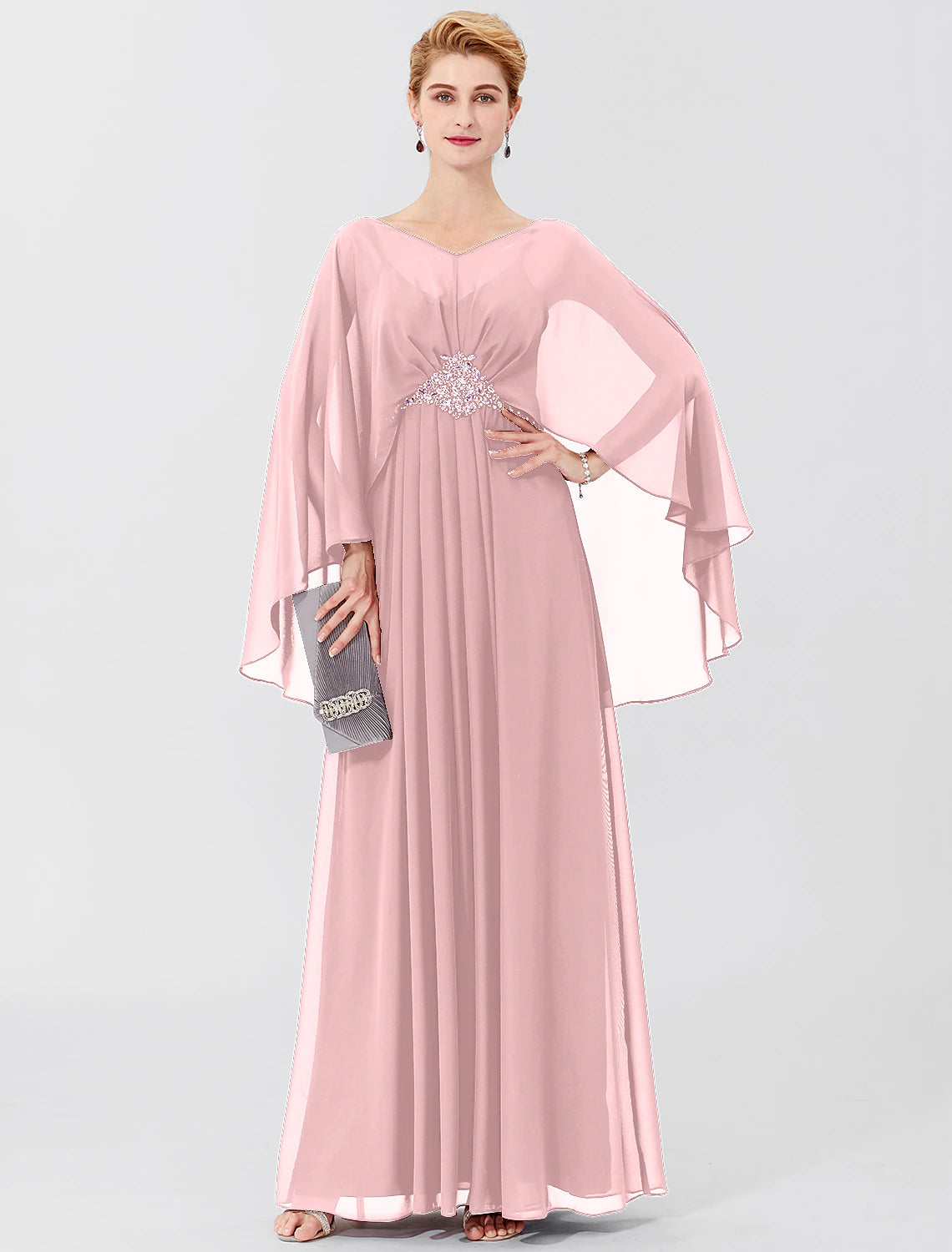wholesale  Sheath / Column Mother of the Bride Dress Formal Classic & Timeless Elegant & Luxurious Elegant V Neck Floor Length Chiffon Long Sleeve with Pleats Beading