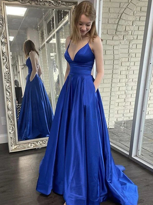 Wholesa A-Line Prom Dresses Princess Dress Formal Sweep / Brush Train Sleeveless V Neck Pocket Satin Backless with Pocket