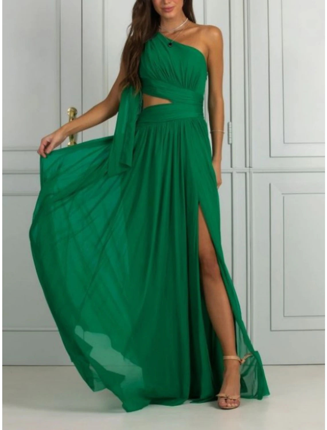 Wholesa Sheath Red Green Dresses Elegant Dress Birthday Floor Length Sleeveless One Shoulder Chiffon with Glitter Bow(s) Pleats