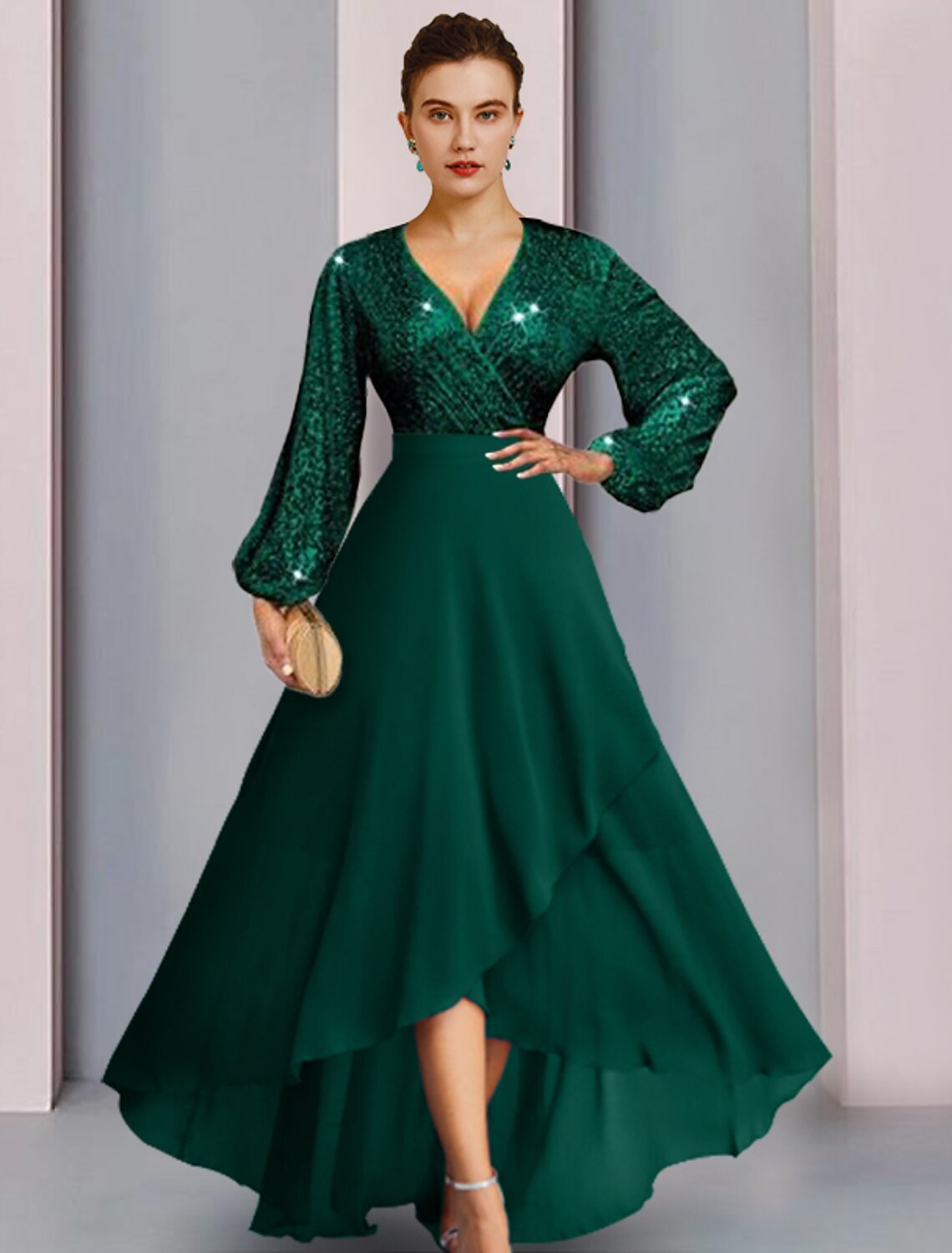 wholesale  Sheath / Column Mother of the Bride Dress Wedding Guest Elegant Sparkle & Shine V Neck Asymmetrical Chiffon Sequined Long Sleeve with Pleats Solid Colo