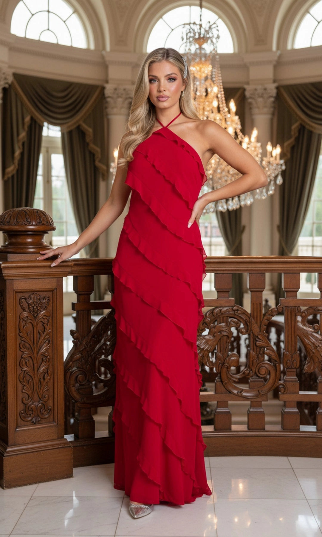 Vibrant Fitted Halter Sleeveless Open Back Long Prom Evening Gown