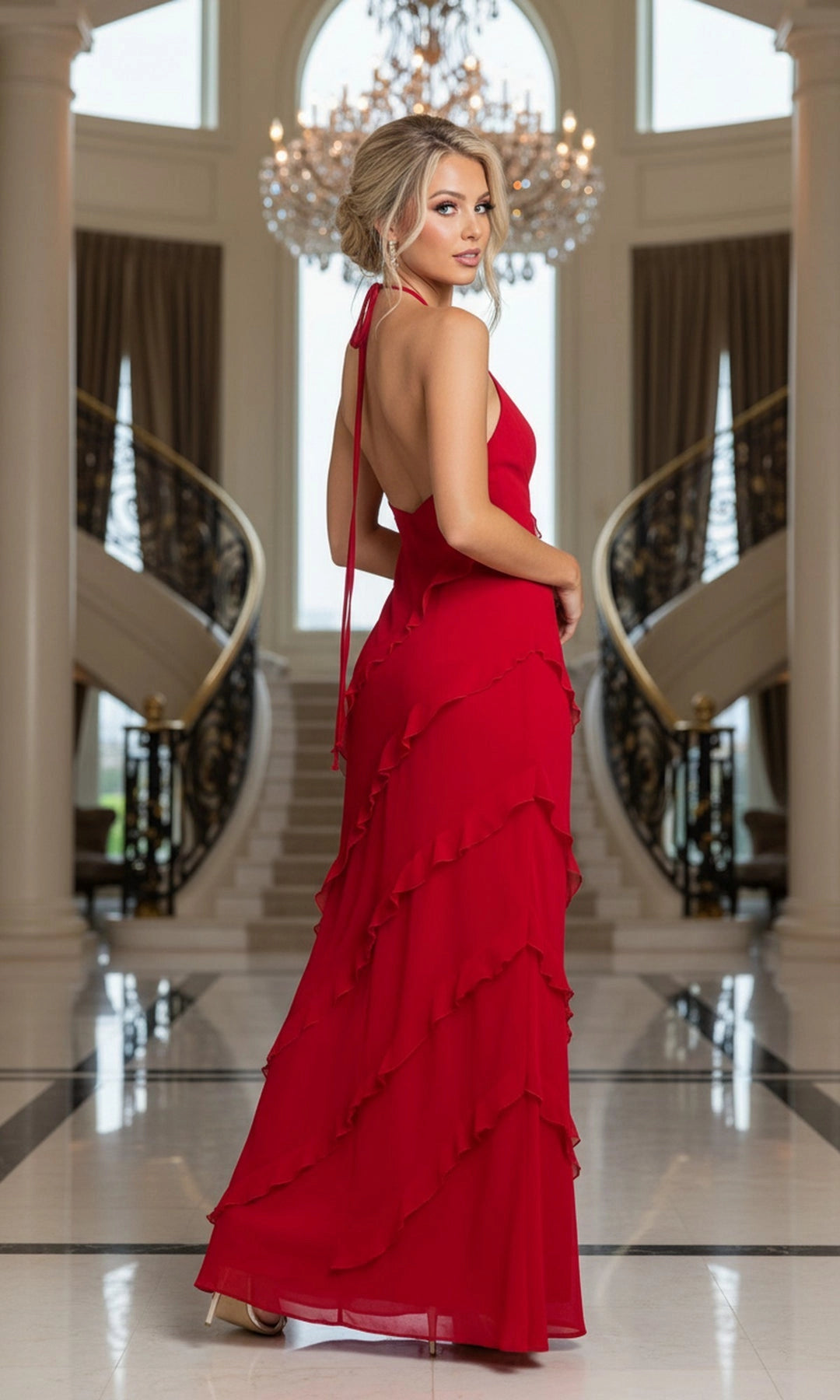 Vibrant Fitted Halter Sleeveless Open Back Long Prom Evening Gown