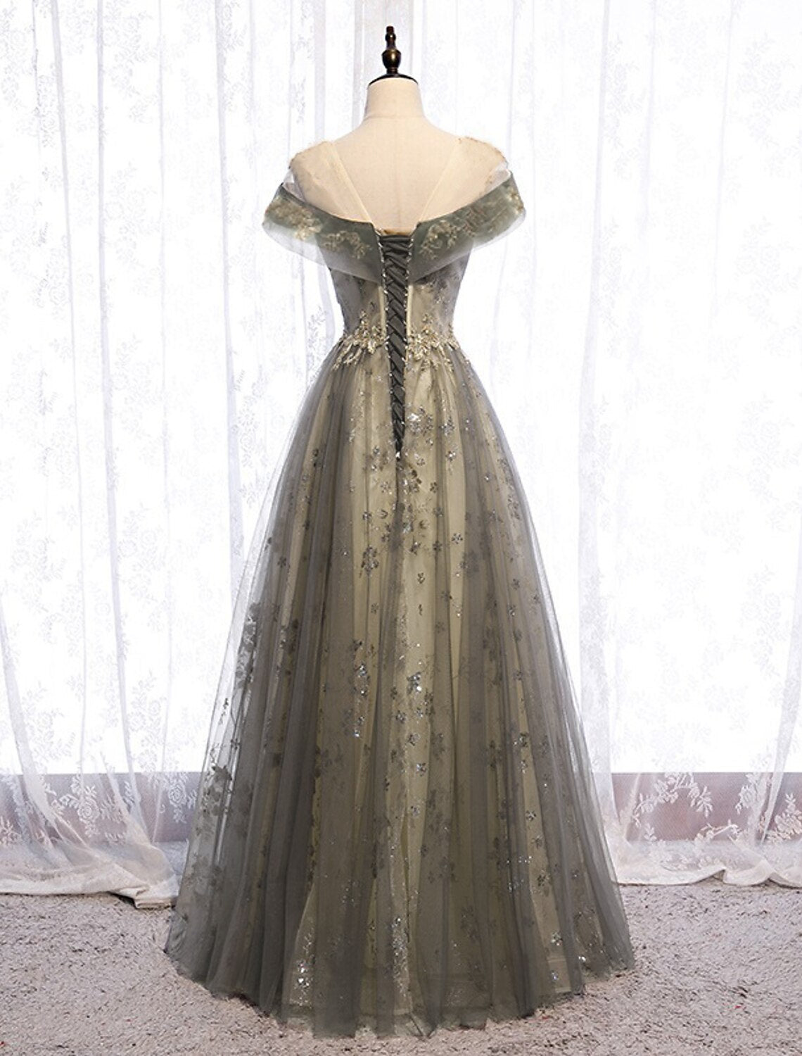 wholesale  A-Line Evening Gown Floral Dress Wedding Guest Engagement Floor Length Short Sleeve Illusion Neck Tulle with Pleats