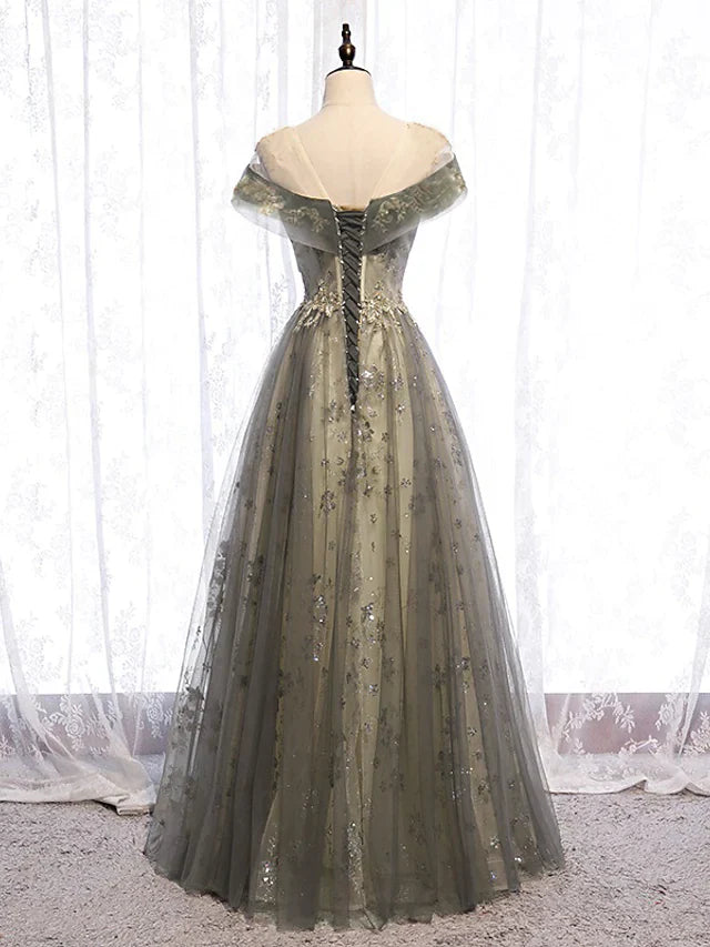 Wholesa A-Line Evening Gown Elegant Dress Wedding Guest Floor Length Short Sleeve Illusion Neck Tulle with Pleats