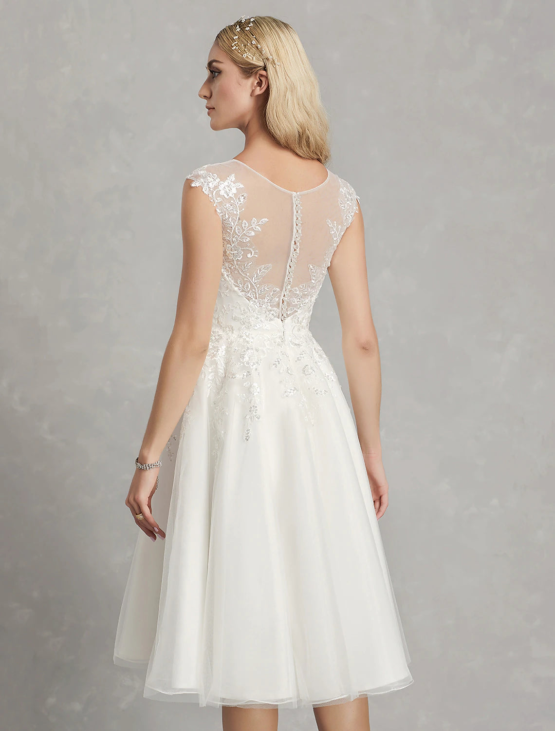 wholesale  Reception Little White Dresses Wedding Dresses A-Line Illusion Neck Cap Sleeve Knee Length Lace Bridal Gowns With Appliques