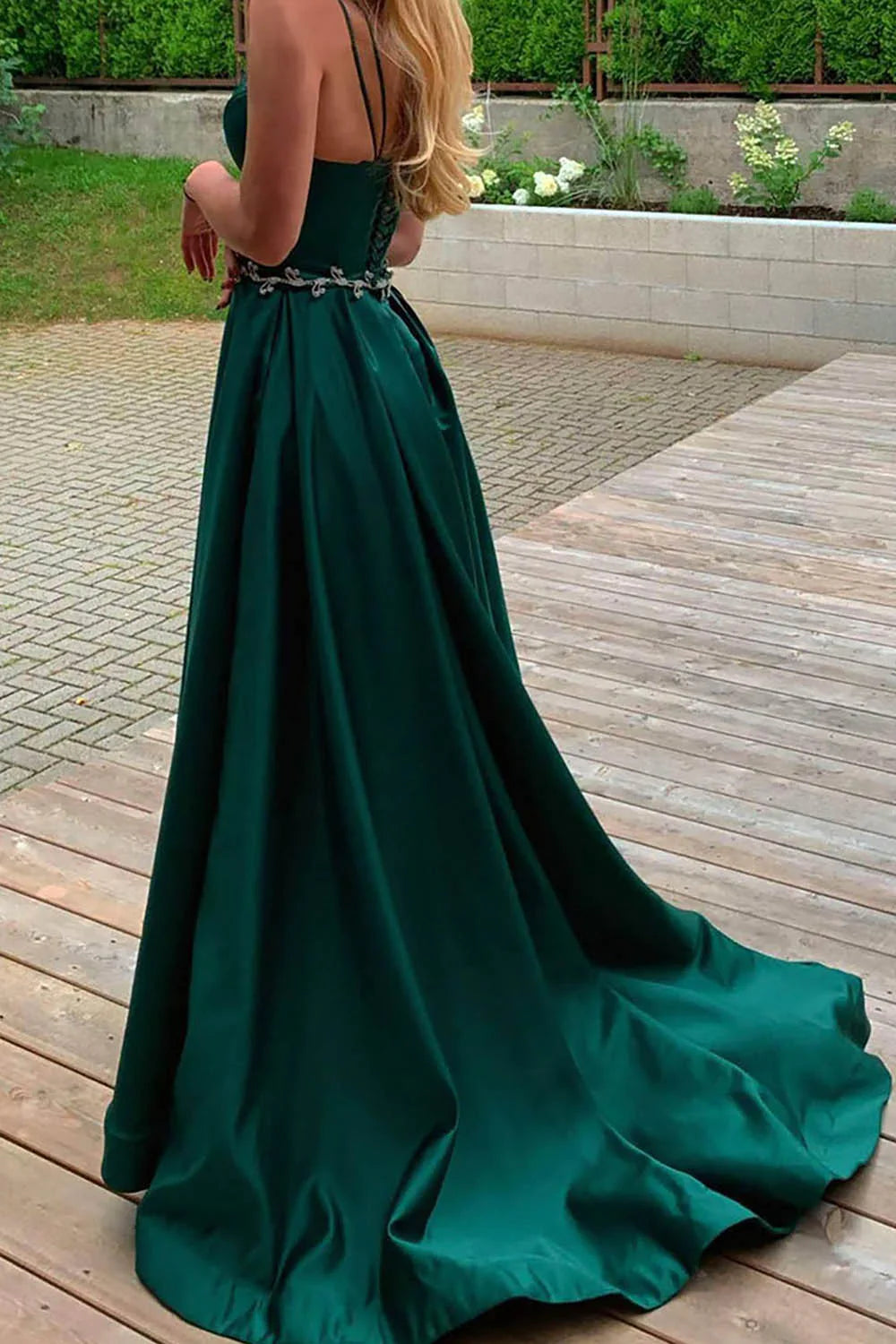 Wholesa A-Line Spaghetti Straps Satin Long Prom Dress with Slit