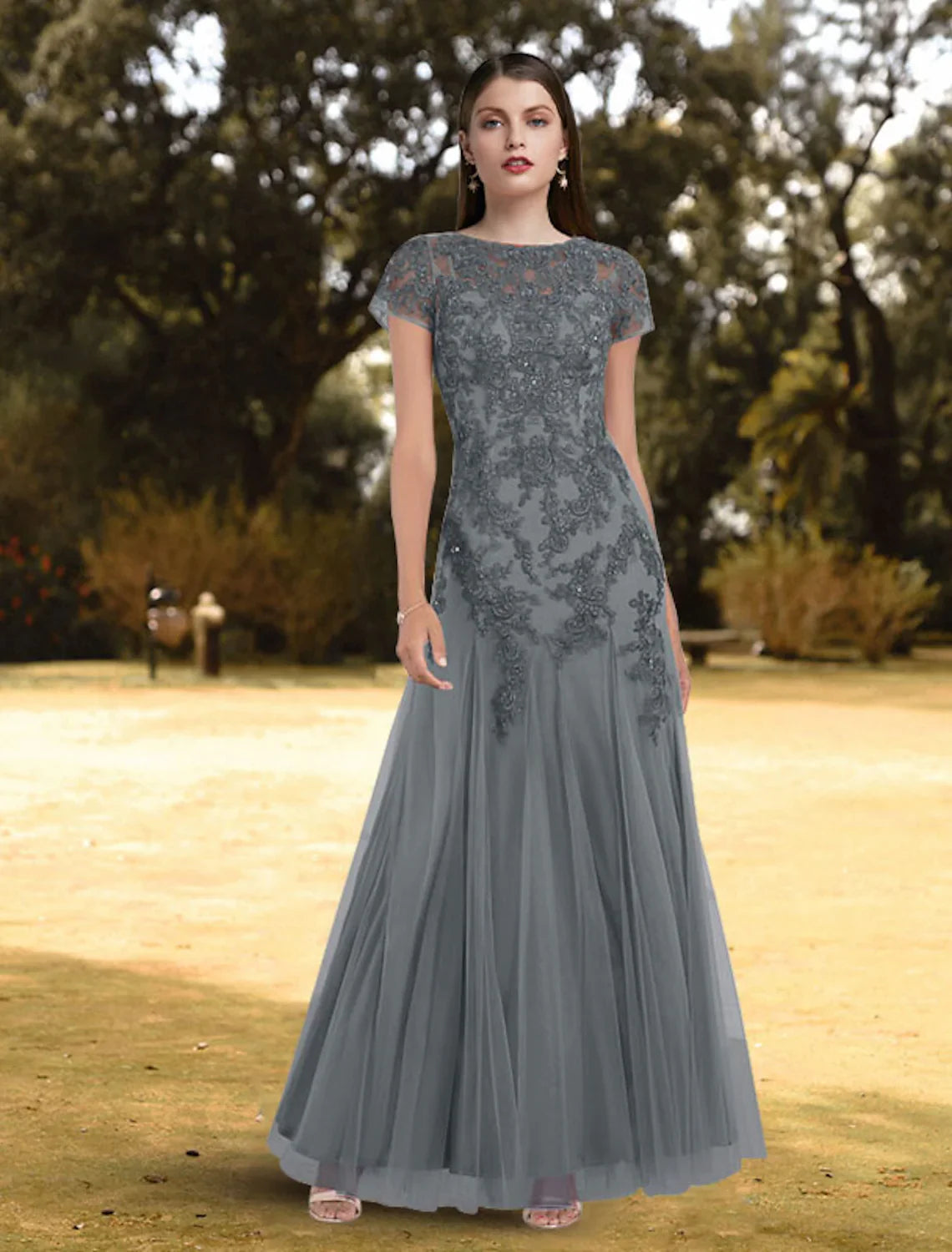 Wholesa A-Line Evening Gown Elegant Dress Wedding Guest Floor Length Short Sleeve Jewel Neck Lace with Pleats Pure Color