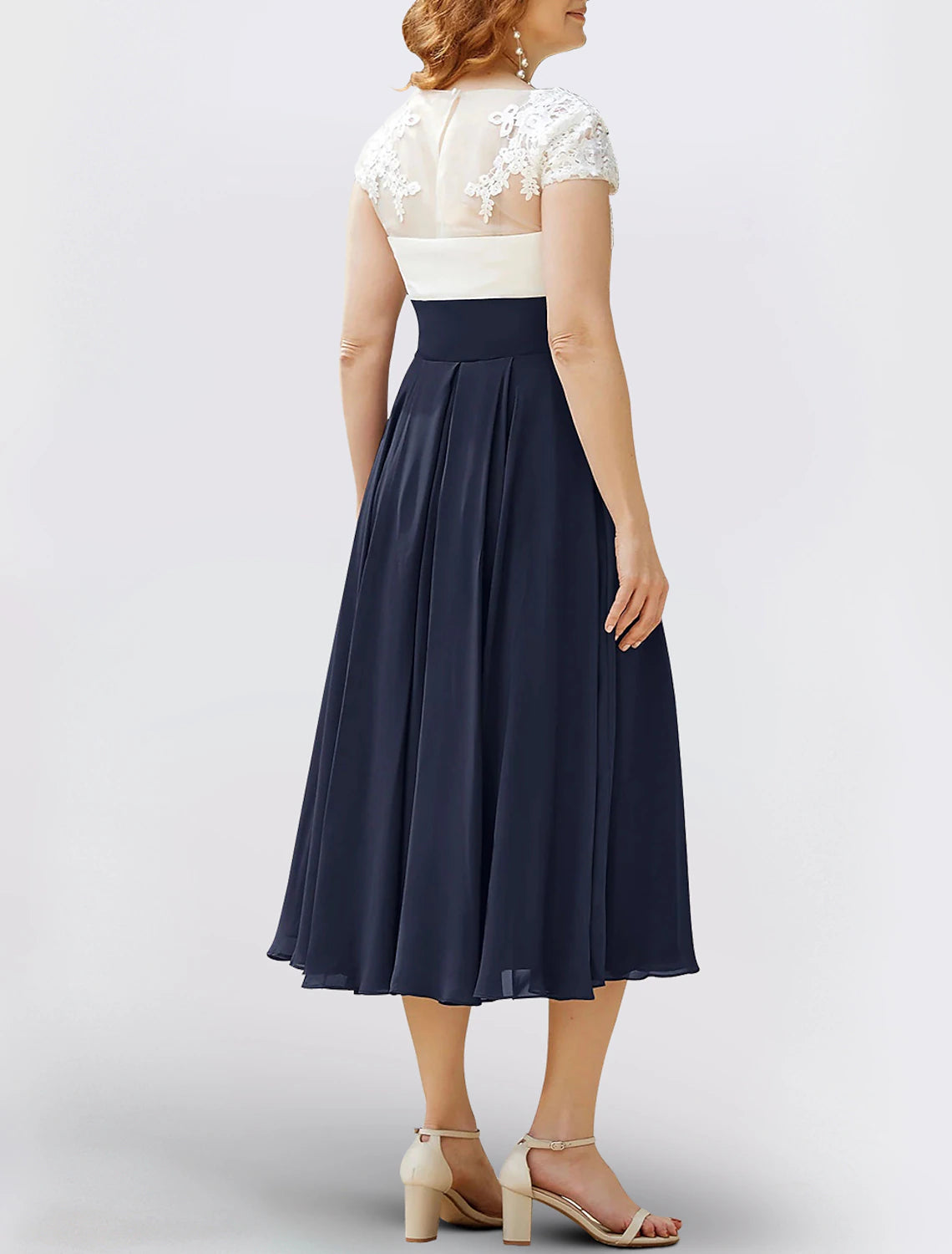 Wholesa A-Line Mother of the Bride Dress Formal Wedding Guest Elegant Scoop Neck V Neck Tea Length Chiffon Sequined Cap Sleeve with Lace Pleats Appliques