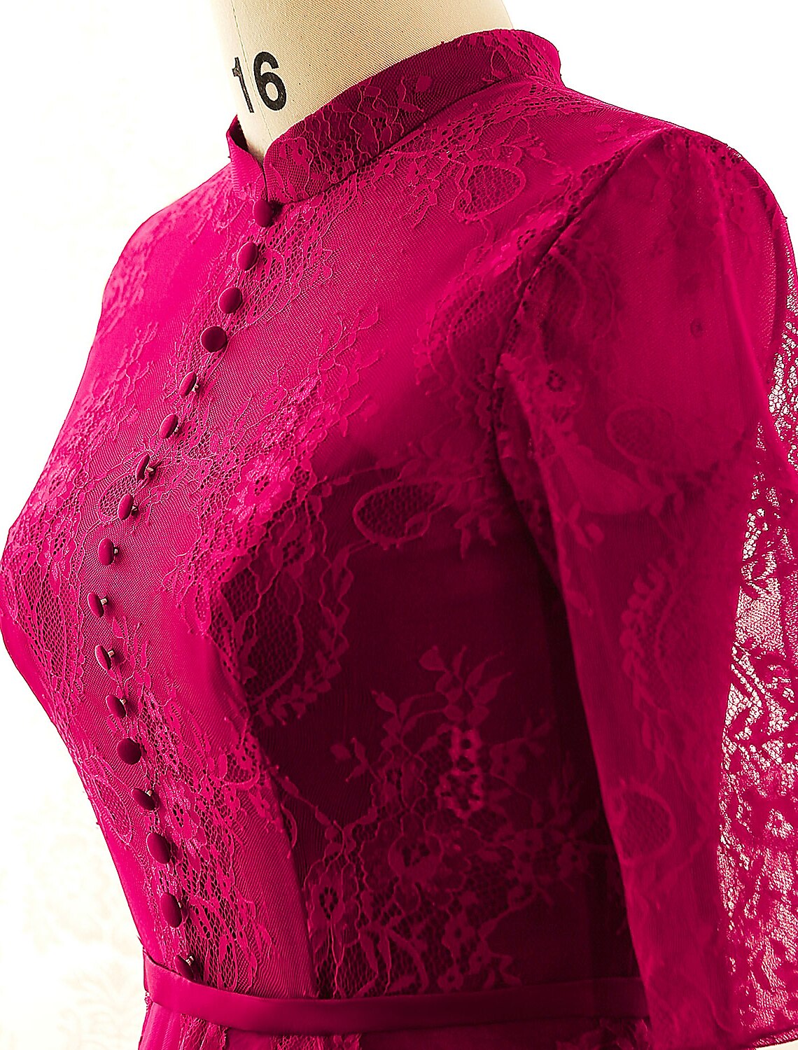 Wholesa A-Line Chinese Style Plus Size Engagement Formal Evening Dress High Neck Half Sleeve Floor Length Lace with Buttons