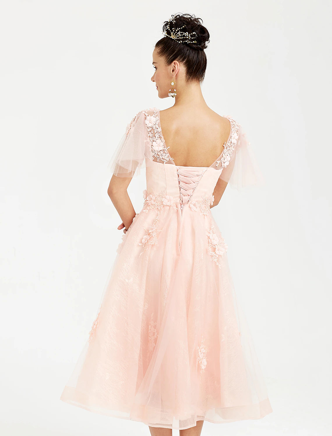 Wholesa  A-Line Prom Dresses Elegant Dress Wedding Guest Cocktail Party Tea Length Short Sleeve V Neck Tulle with Appliques