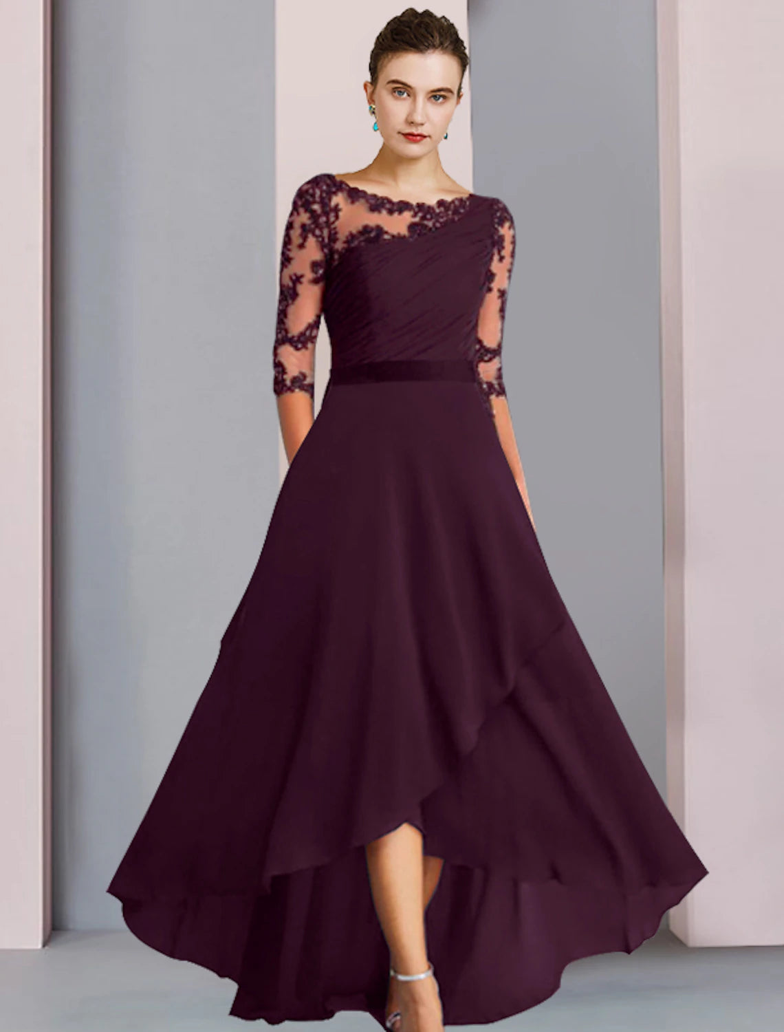 wholesale  A-Line Mother of the Bride Dress Wedding Guest Elegant High Low Scoop Neck Asymmetrical Tea Length Chiffon Lace Half Sleeve with Appliques Side-Draped