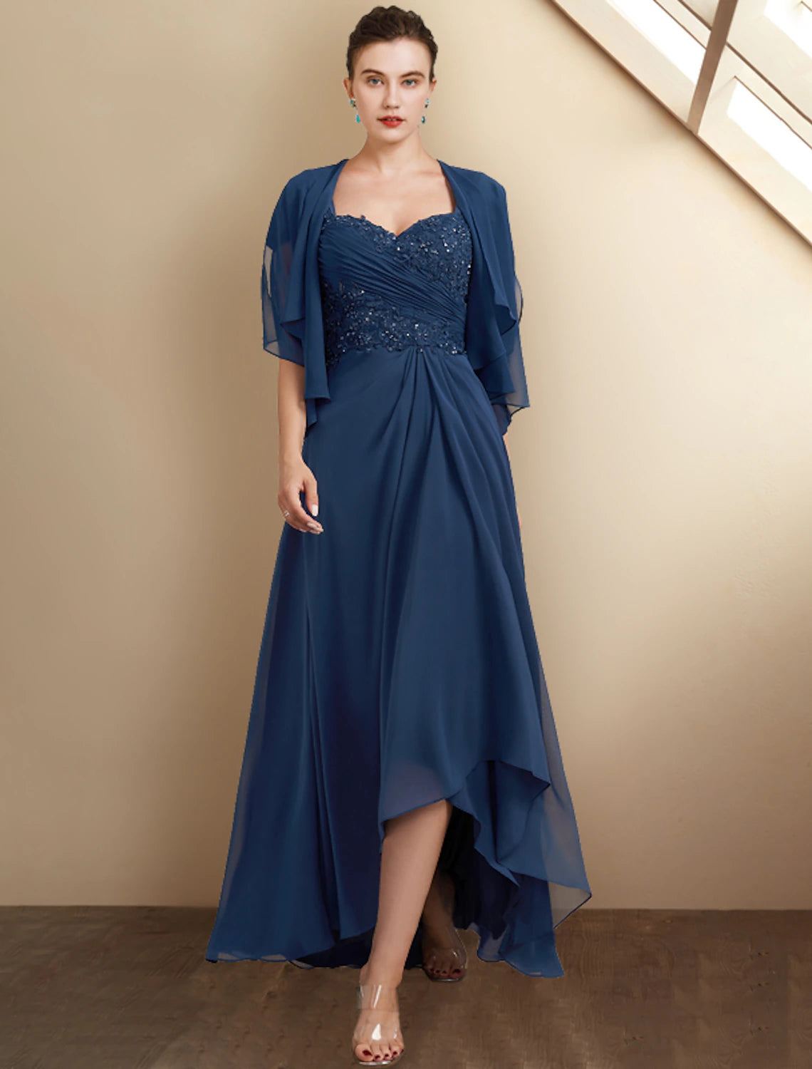 wholesale  A-Line Mother of the Bride Dress Wedding Guest Elegant High Low Square Neck Asymmetrical Tea Length Chiffon Lace Cap Sleeve Fall Wrap Included with Sequin Appliques Side-Draped