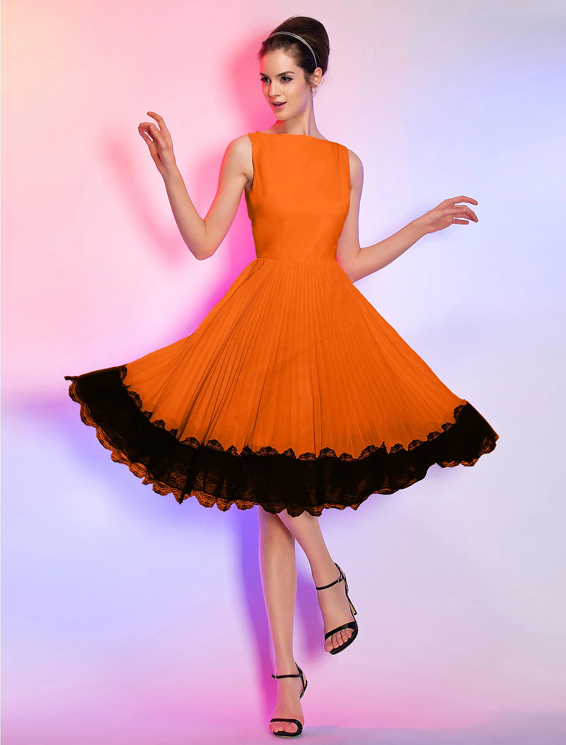 Wholesa A-Line Vintage Dress Homecoming Graduation Knee Length Sleeveless Boat Neck Pink Dress Chiffon with Lace Insert