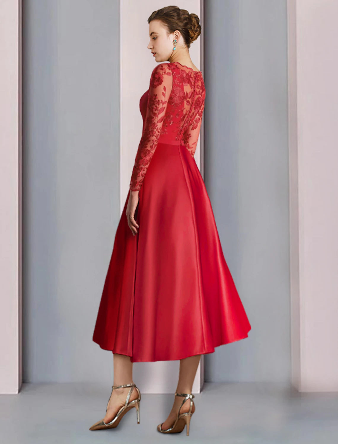 wholesale  A-Line Mother of the Bride Dress Formal Wedding Guest Vintage Elegant Square Neck Tea Length Satin Lace Stretch Fabric Long Sleeve with Bow(s) Appliques