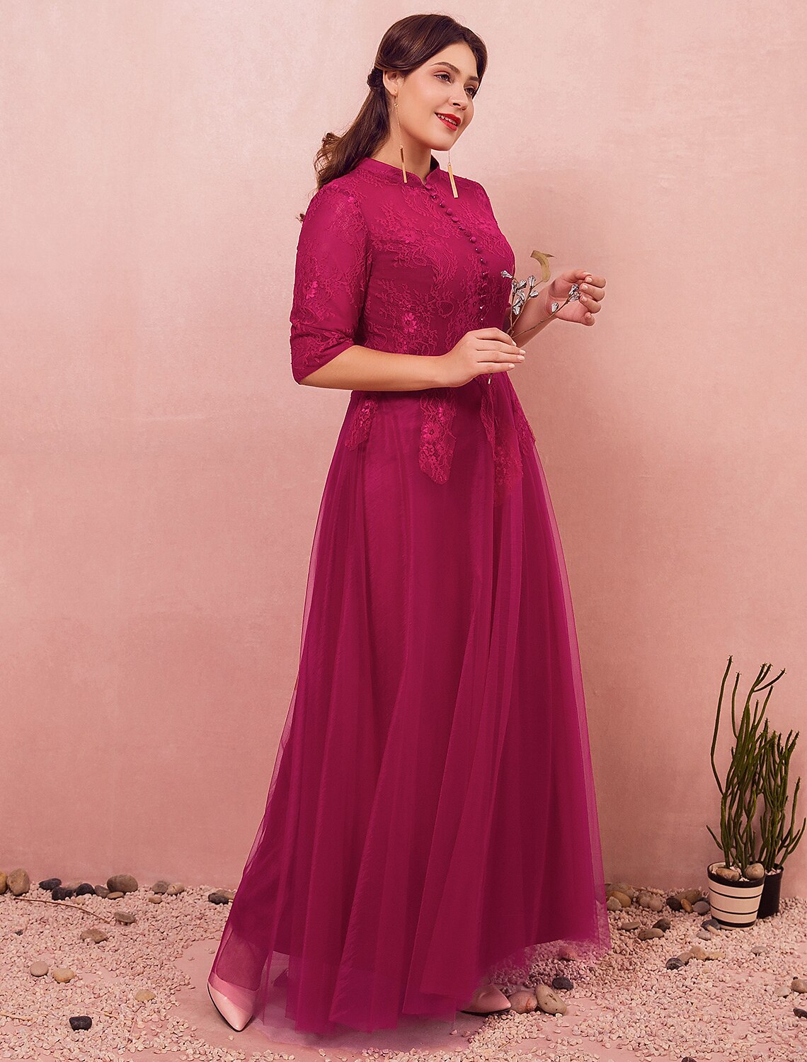 Wholesa A-Line Chinese Style Plus Size Engagement Formal Evening Dress High Neck Half Sleeve Floor Length Lace with Buttons