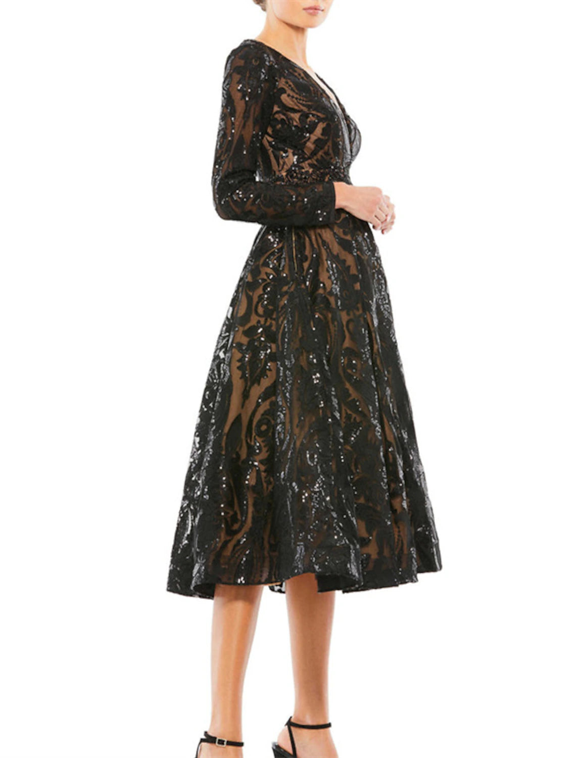 Wholesa A-Line Cocktail Dresses Party Dress Wedding Guest Wedding Party Knee Length Long Sleeve V Neck Sequined with Crystals Sequin