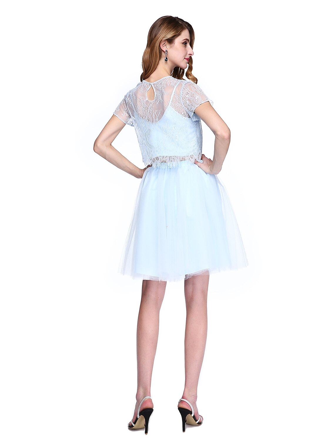 wholesale  A-Line Mother of the Bride Dress Two Piece Jewel Neck Knee Length Lace Tulle Short Sleeve No with Lace