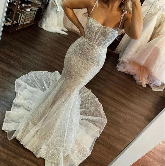Rhinestone‑Strap Silver‑Glitter Corset‑Bodice Mermaid Prom Dress