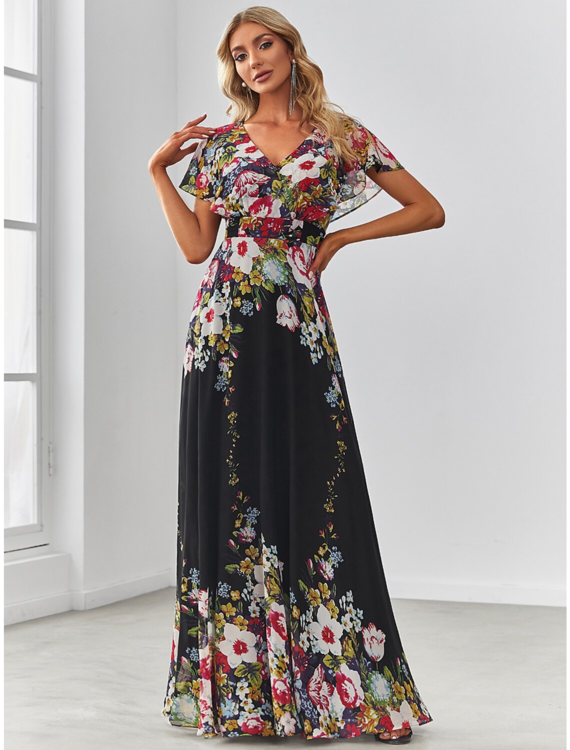 Wholesa A-Line Evening Gown Floral Dress Birthday Floor Length Short Sleeve V Neck Chiffon with Pattern / Print