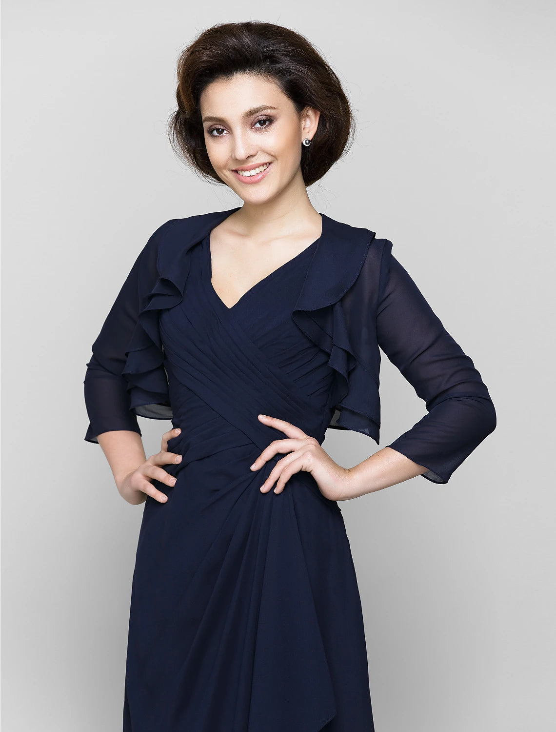 wholesale  Sheath / Column Mother of the Bride Dress Convertible Dress V Neck Floor Length Chiffon 3/4 Length Sleeve with Criss Cross Cascading Ruffles