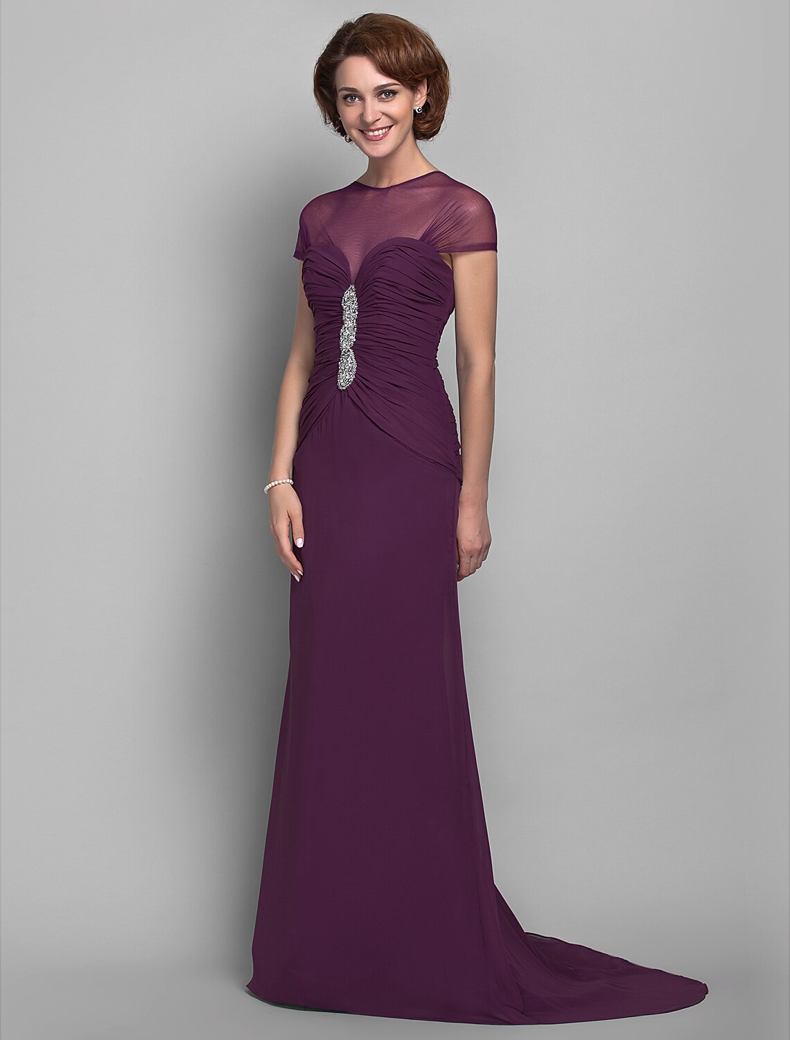 wholesale   Sheath / Column Mother of the Bride Dress See Through Jewel Neck Sweep / Brush Train Chiffon Tulle Short Sleeve with Beading Side Draping