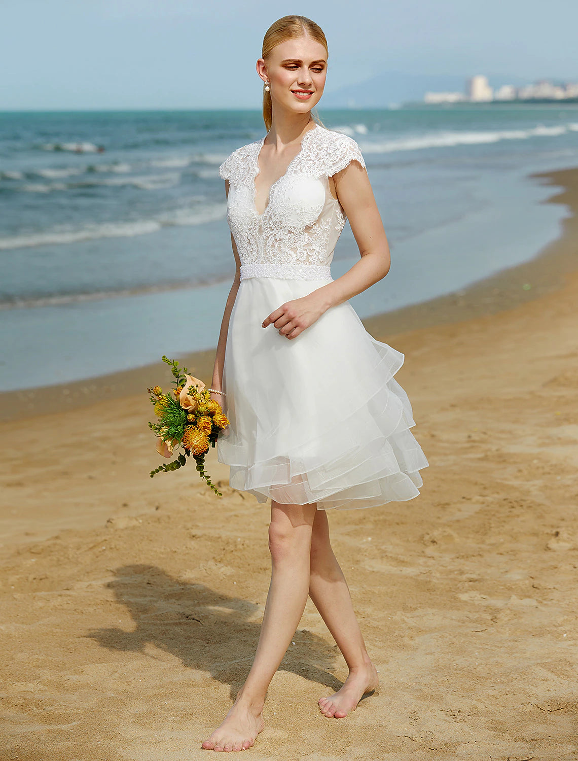 wholesale  Wedding Dresses A-Line V Neck Sleeveless Knee Length Tulle Bridal Gowns With Sash / Ribbon Beading